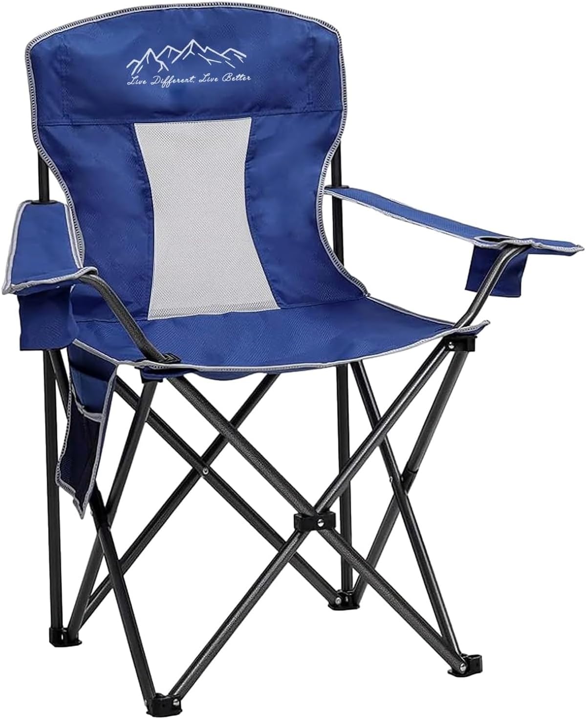 Collapsible Folding Camping Chairs Heavy Duty Lawn Foldable Chair with Cooler Bag, Storage Pocket, Waterproof Bag Outdoor Arm Sport Chair, Supports 325LBS, Blue