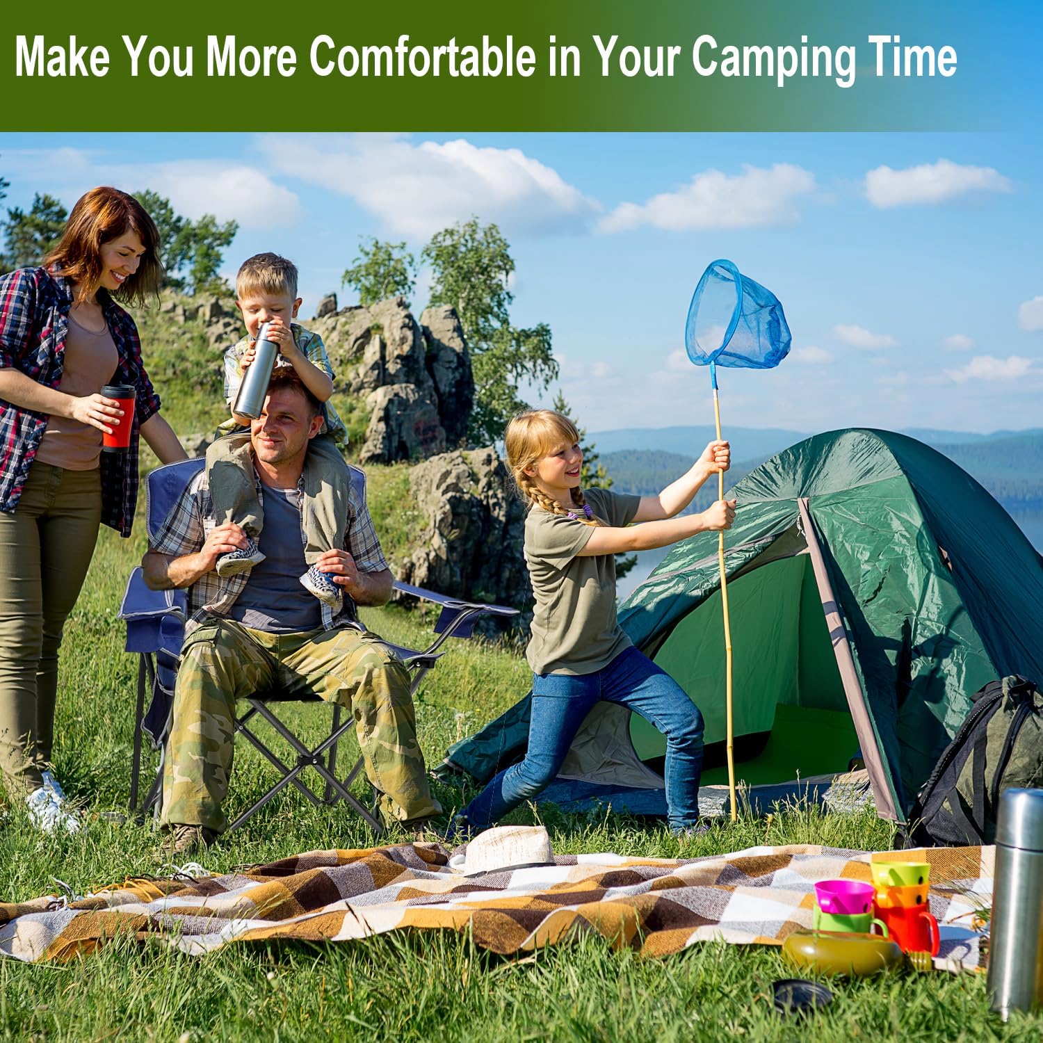 Collapsible Folding Camping Chairs Heavy Duty Lawn Foldable Chair with Cooler Bag, Storage Pocket, Waterproof Bag Outdoor Arm Sport Chair, Supports 325LBS, Blue - Image 2