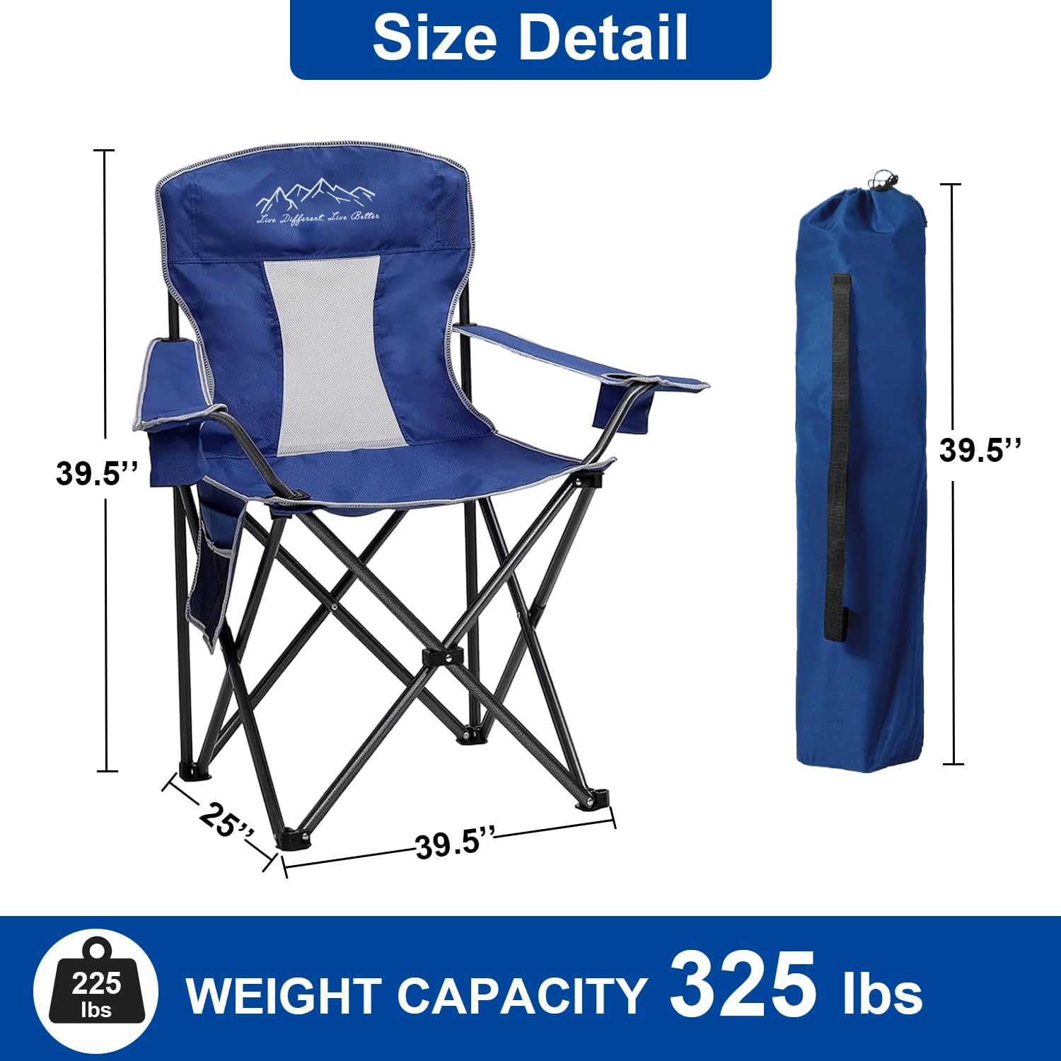 Collapsible Folding Camping Chairs Heavy Duty Lawn Foldable Chair with Cooler Bag, Storage Pocket, Waterproof Bag Outdoor Arm Sport Chair, Supports 325LBS, Blue - Image 3
