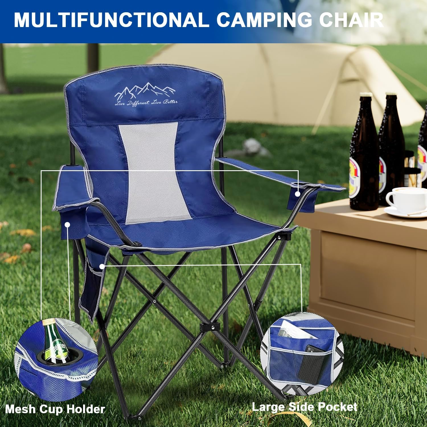 Collapsible Folding Camping Chairs Heavy Duty Lawn Foldable Chair with Cooler Bag, Storage Pocket, Waterproof Bag Outdoor Arm Sport Chair, Supports 325LBS, Blue - Image 5